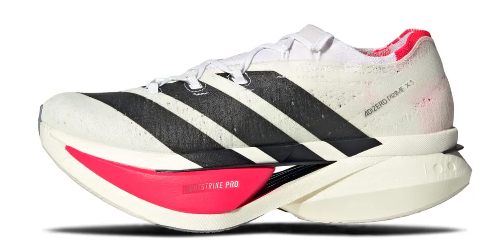 adidas Adizero Prime X3 Strung running shoe, left side view.